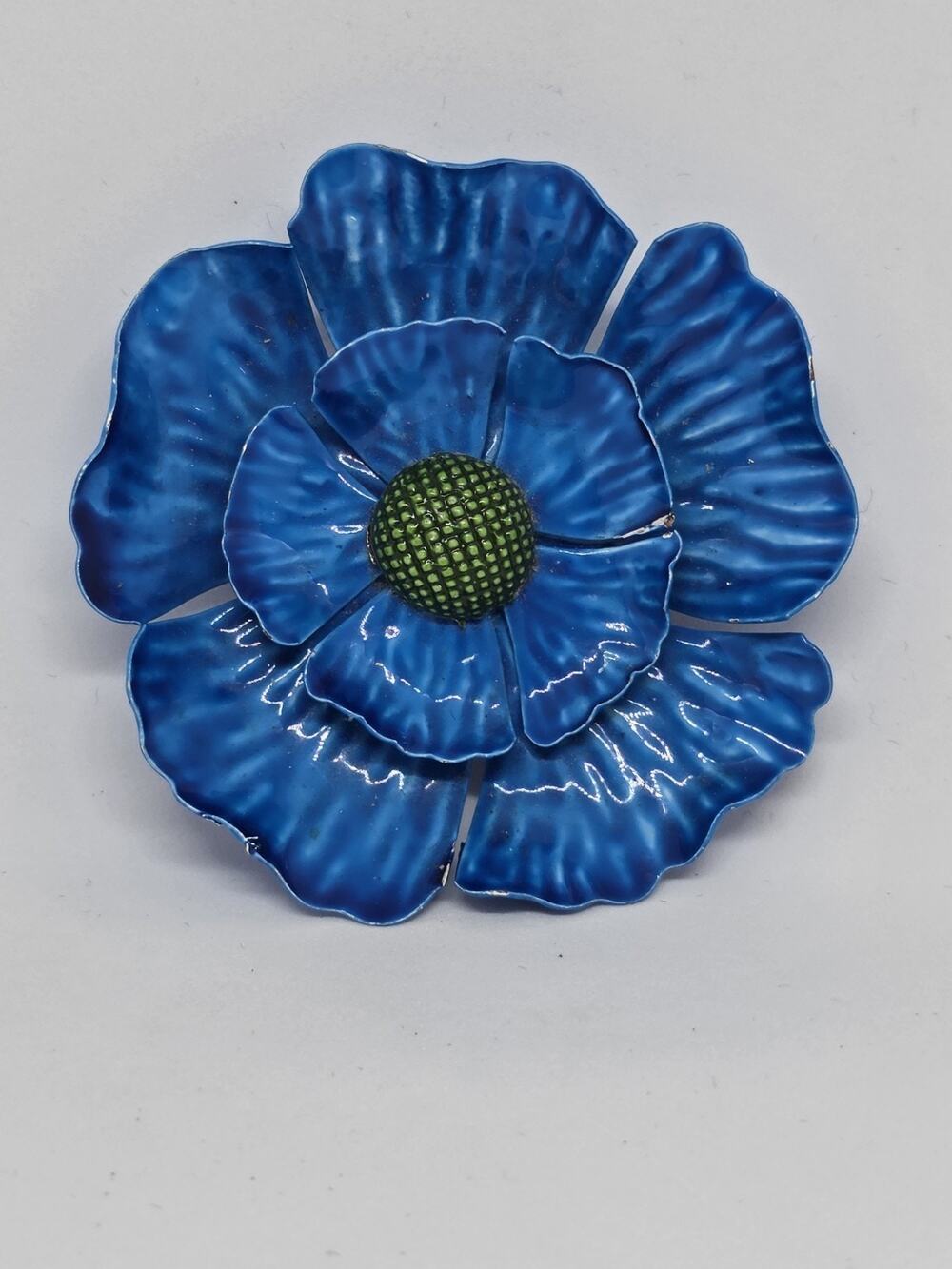 Bright Blue Petal Green Stamen Enamel Flower Vintage Brooch 50 60s Flowerchild